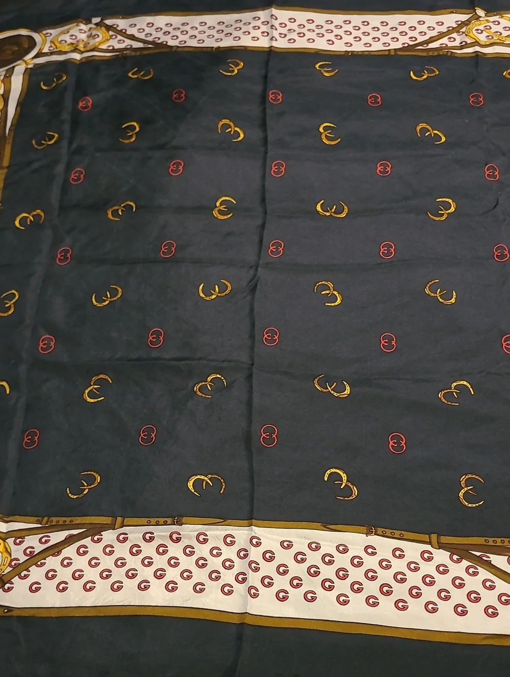 Vintage Gucci 100% Pure Silk Scarf Equestrian GG Logo Horse Head Medallions